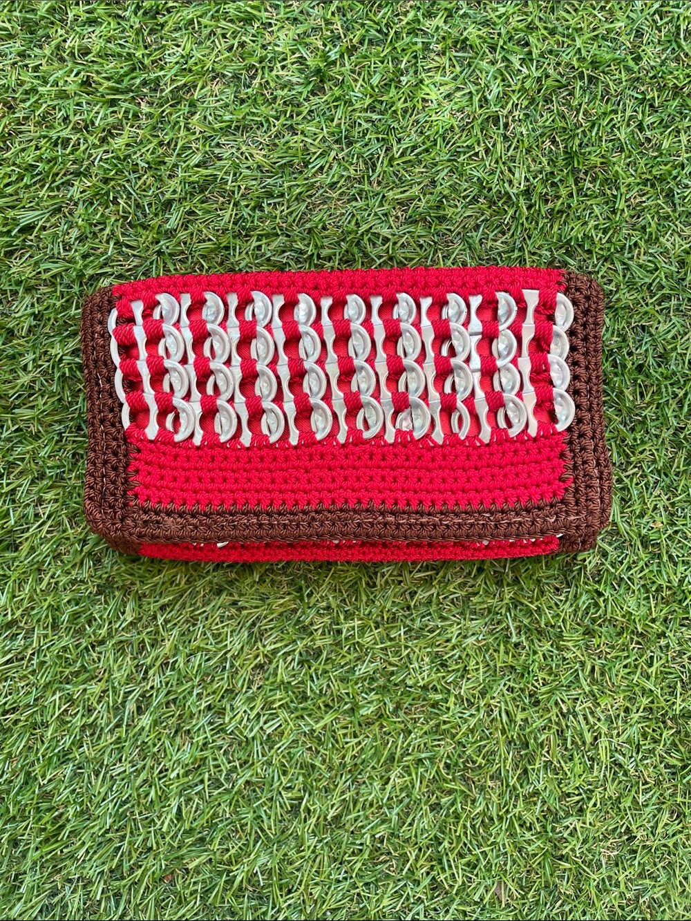 Handmade Red Crochet Wallet with Brown Trim and Silver Accents